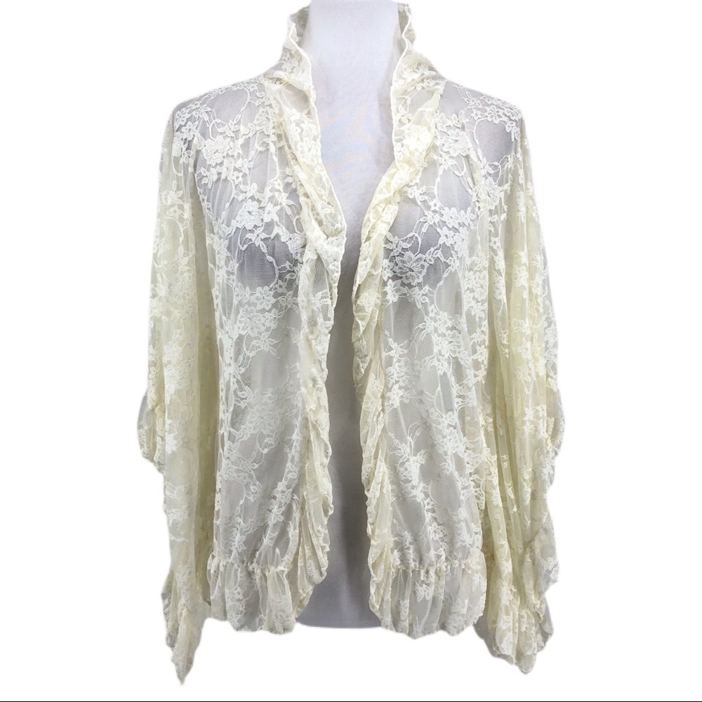 Free People Cream Ruffle Trim Batwing Sleeve Lace Open Cardigan sz One Size